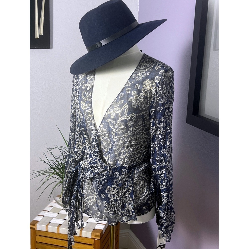 Lauren Ralph Lauren Women's 12 Navy Ivory 100% Silk Paisley Wrap Blouse NWT boho